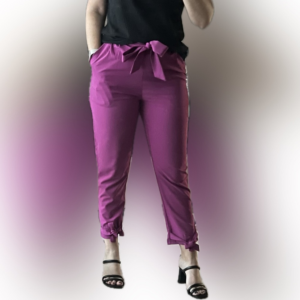 Grace Karin High-Waist Tie-Belt Paperbag Jogger Pants in Fuchsia